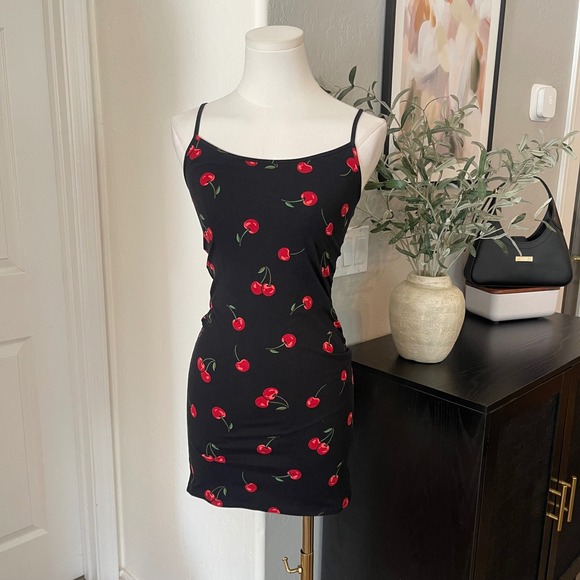 Bear Dance Dresses & Skirts - Cherry Mini Dress Womens Small Black Print Bodycon Y2K Strappy